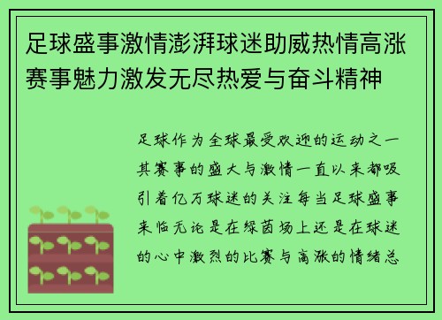 足球盛事激情澎湃球迷助威热情高涨赛事魅力激发无尽热爱与奋斗精神