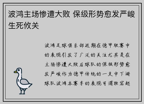 波鸿主场惨遭大败 保级形势愈发严峻生死攸关