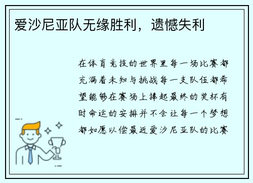 爱沙尼亚队无缘胜利，遗憾失利