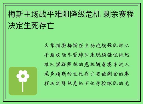 梅斯主场战平难阻降级危机 剩余赛程决定生死存亡