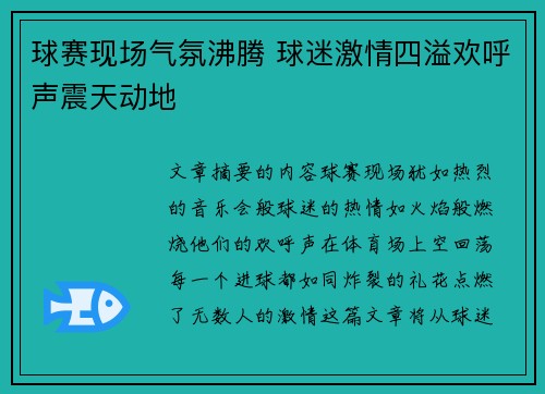 球赛现场气氛沸腾 球迷激情四溢欢呼声震天动地