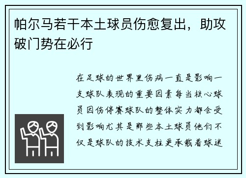 帕尔马若干本土球员伤愈复出，助攻破门势在必行