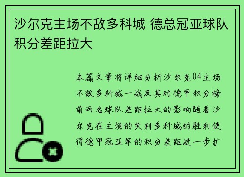 沙尔克主场不敌多科城 德总冠亚球队积分差距拉大