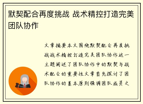 默契配合再度挑战 战术精控打造完美团队协作