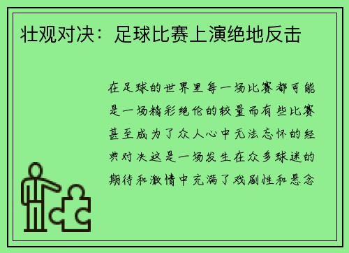 壮观对决：足球比赛上演绝地反击