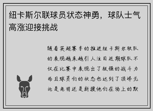纽卡斯尔联球员状态神勇，球队士气高涨迎接挑战