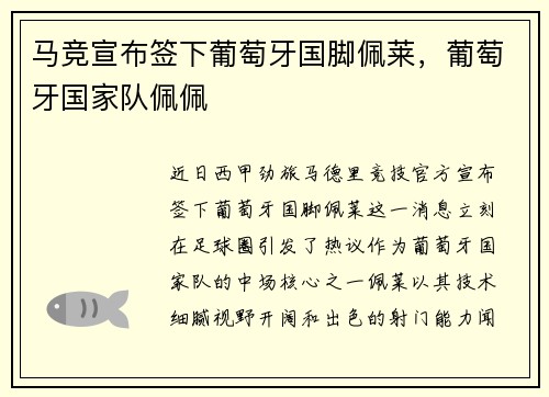 马竞宣布签下葡萄牙国脚佩莱，葡萄牙国家队佩佩
