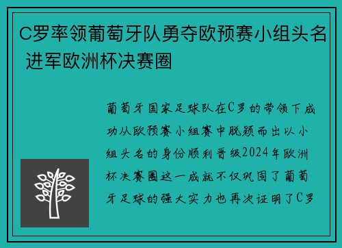 C罗率领葡萄牙队勇夺欧预赛小组头名 进军欧洲杯决赛圈