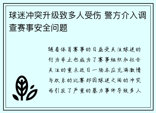 球迷冲突升级致多人受伤 警方介入调查赛事安全问题
